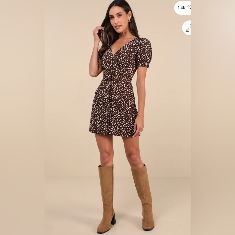 Lulu's Adored Cutie Brown Floral Corduroy Button-Front Mini Dress NWT